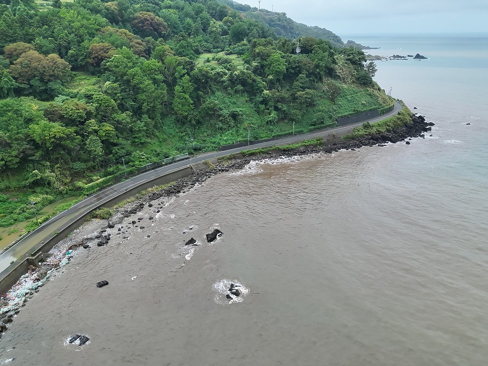 8月30日に撮影した海岸沿いの県道。現地に設置していたドローンを遠隔操作し、道路と周辺の状況を確認しました。