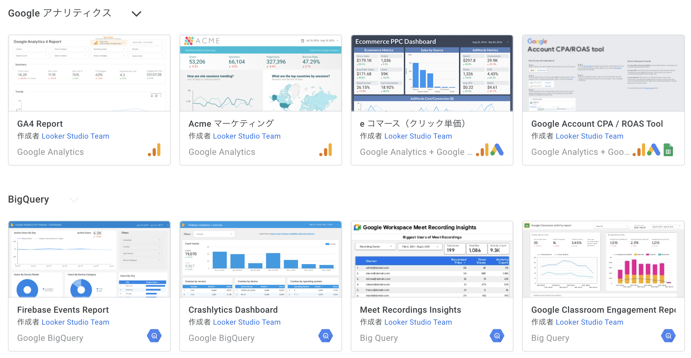 GoogleアナリティクスやBigQueryなど様々なテンプレート