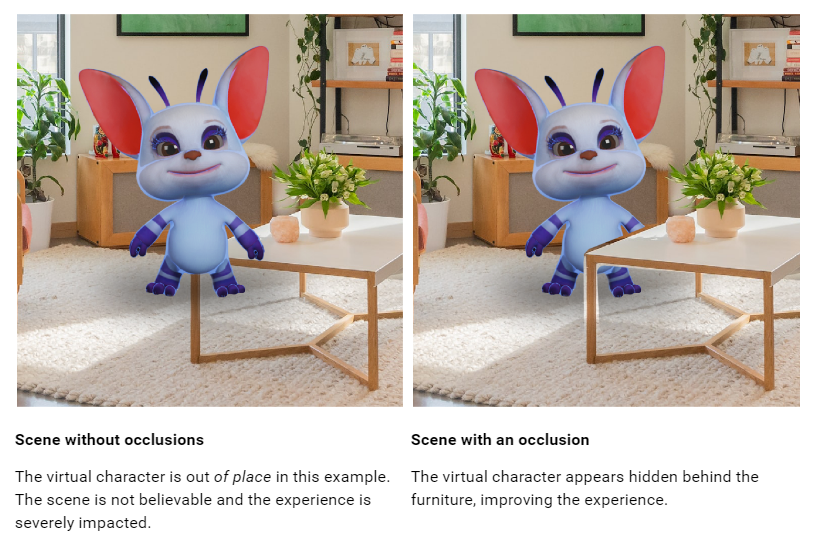 デジタルなキャラクターの手前にテーブルがある場合はテーブルの後ろにキャラクターが隠れて表示されるようになります。